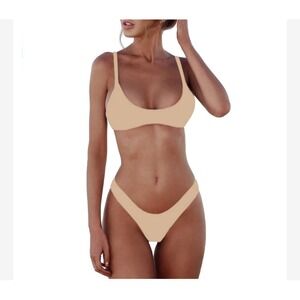 SherryDC Cream Beige Scoop Neck Bikini Set High Cut Thong Swimsuit NWT Small
